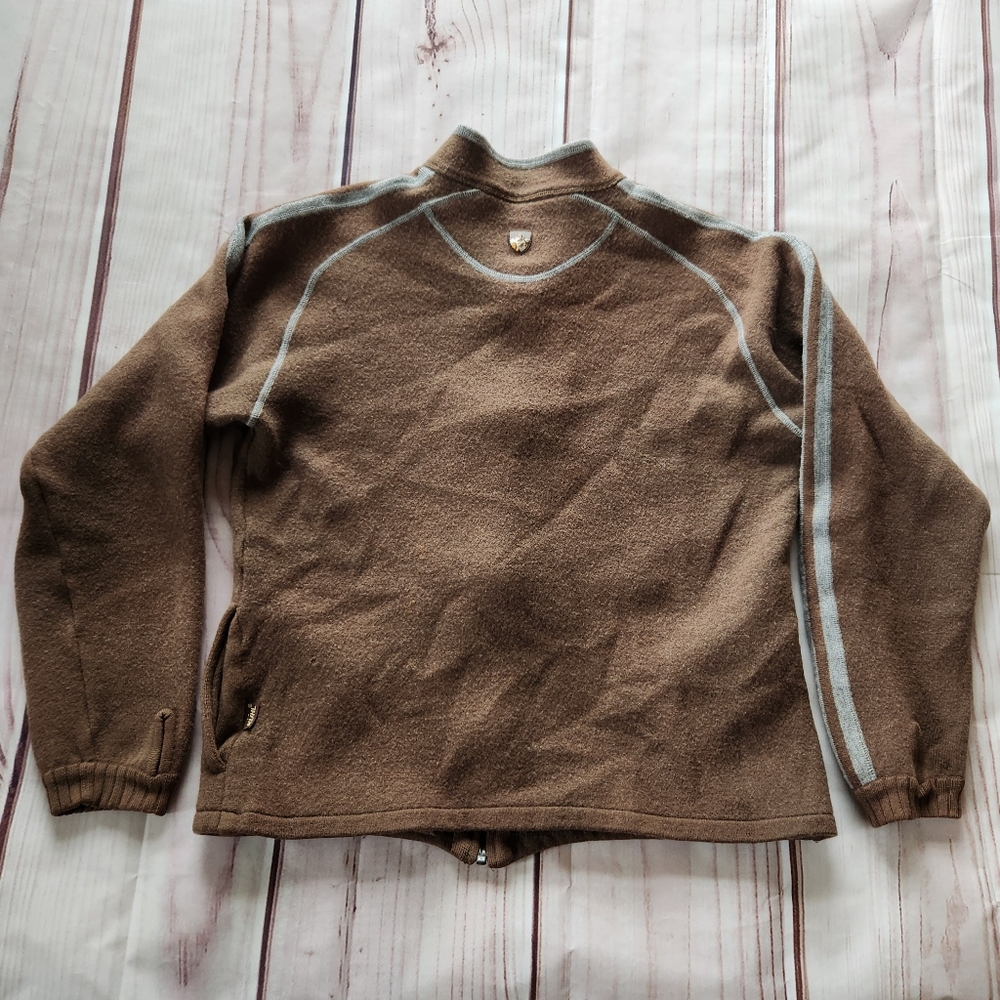 Kuhl 100% Merino Wool Zip-Up Jacket Olive Green Gray Stripes | Men's Size Small - Picture 3 of 8